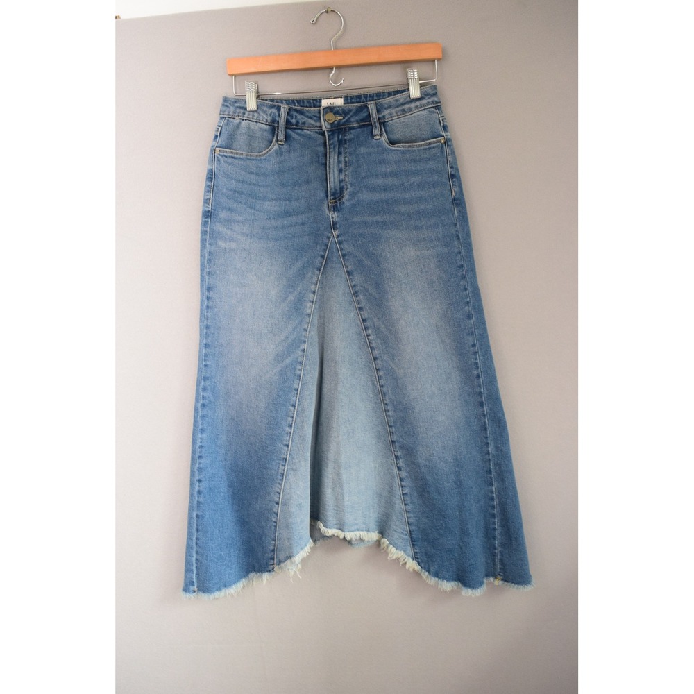Wash Lab Selma Denim Skirt 27 Blue Two Tone Sky Raw Hem Midi Flared Womens